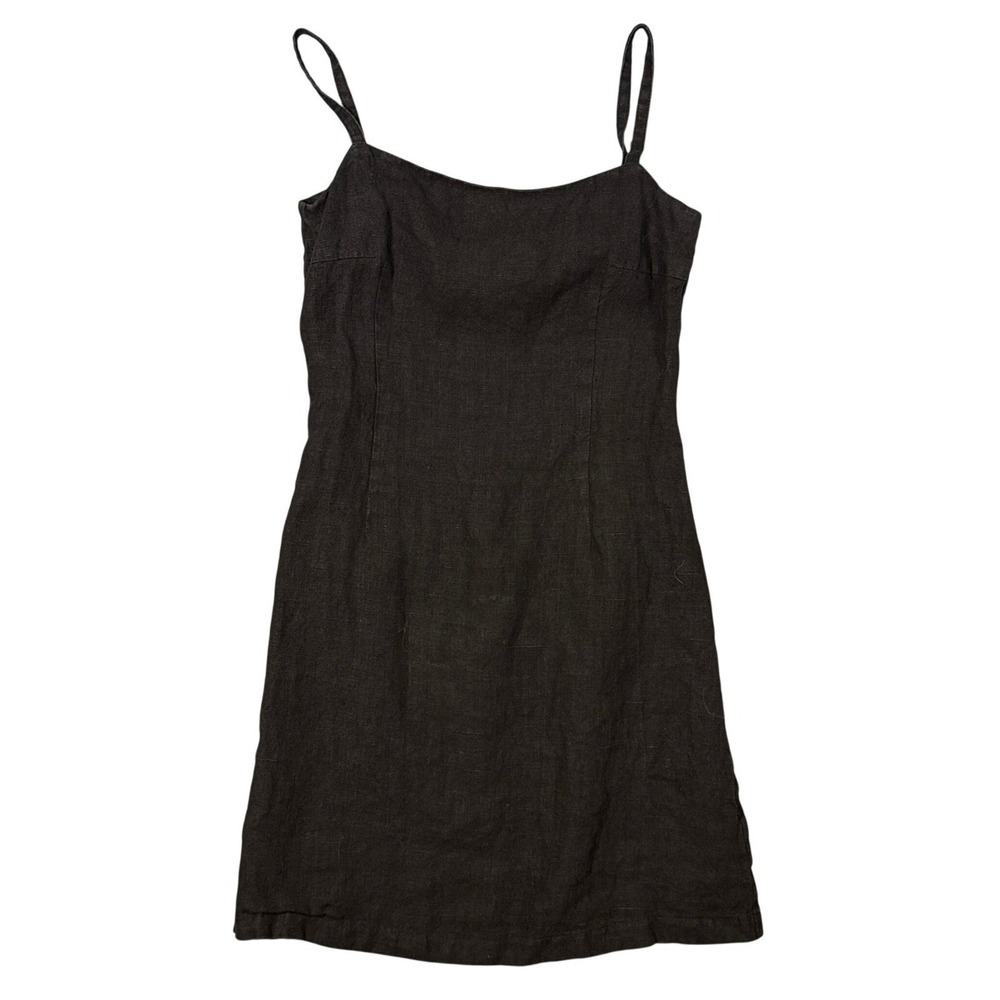 Harve Benard Linen Slip Dress Petite 6 Black Minimalist 90s Strappy Bias Cut